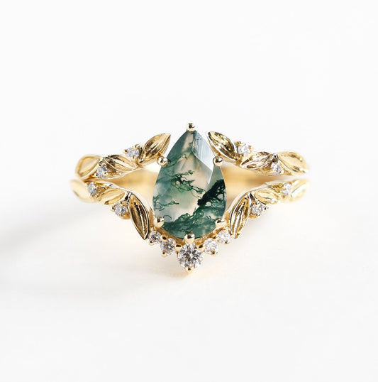 Komplet prstena Moss Agate kruške sa otvorenim trakom