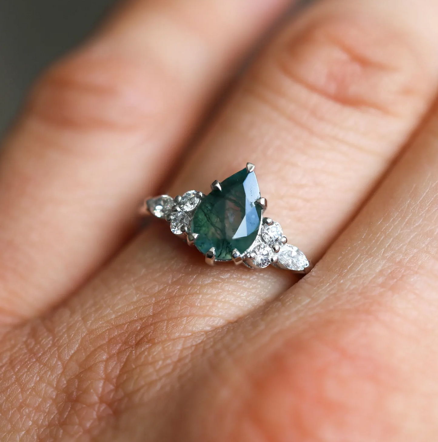 Pear moss agate dijamantski prsten 14k 18k platina