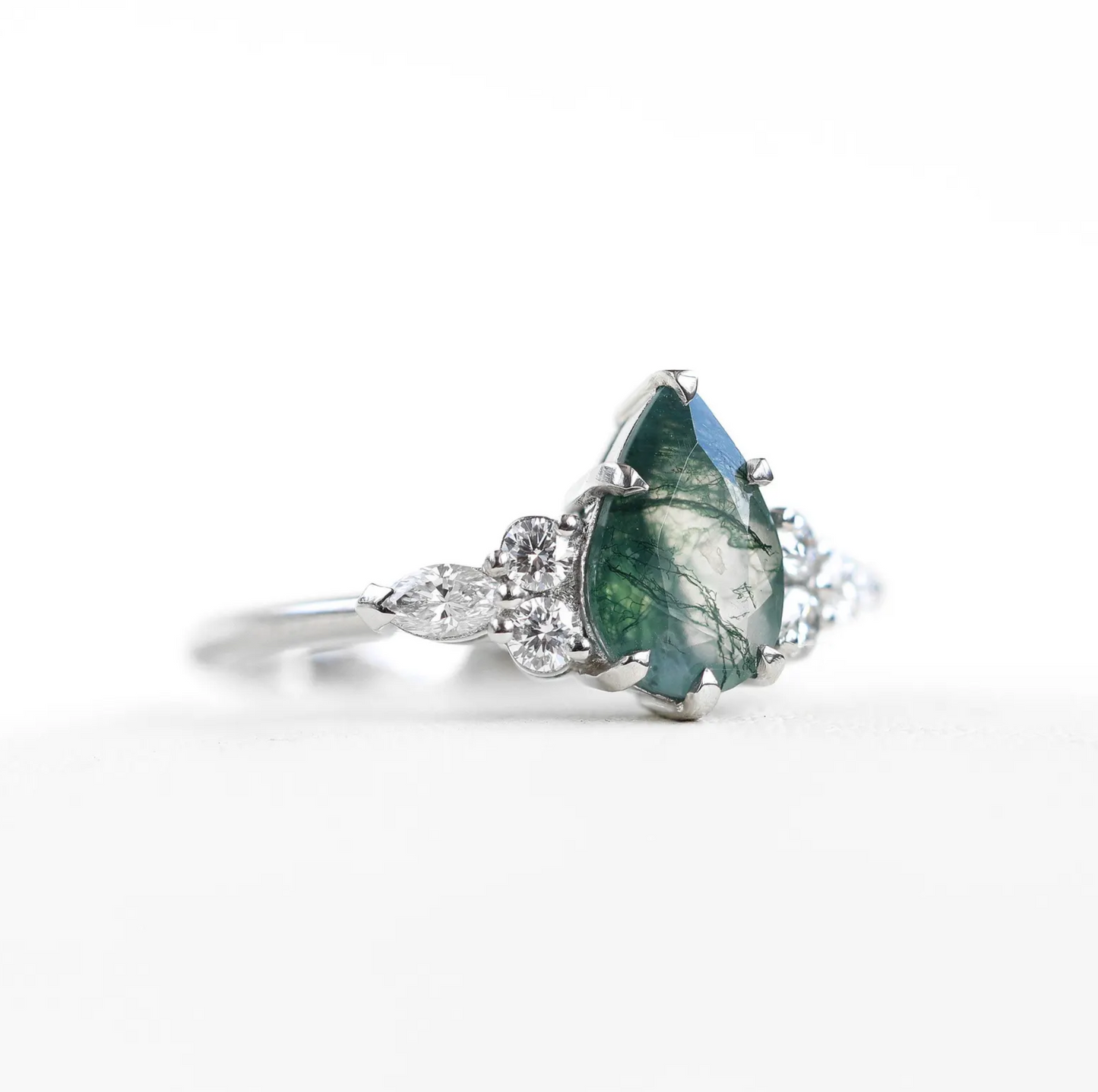 Pear moss agate dijamantski prsten 14k 18k platina