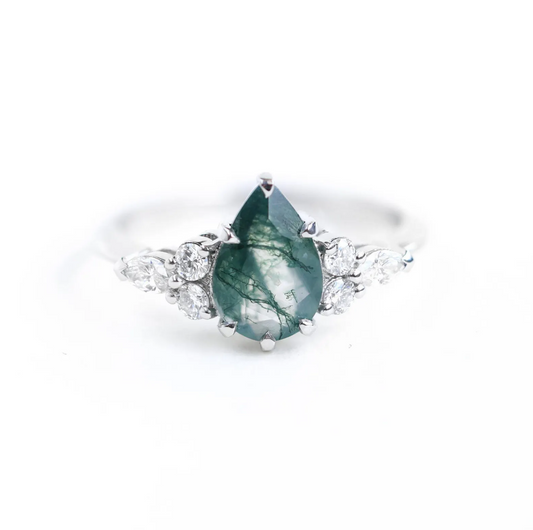 Pear moss agate dijamantski prsten 14k 18k platina