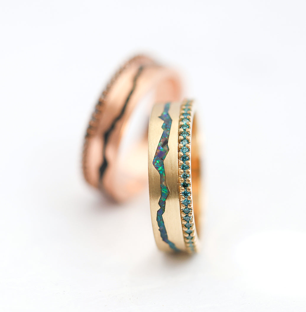 Peacock Black Inlai Opal Band sa Teal Bočnim dijamantima