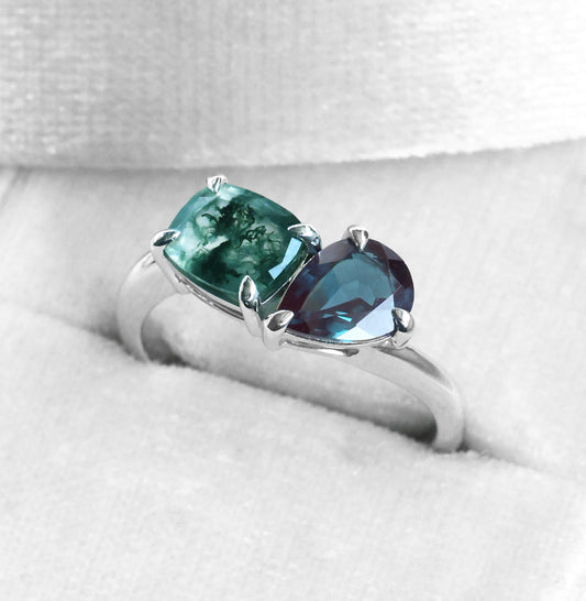 Toi et Moi Prsten sa Moss Agate i Aleksandritom