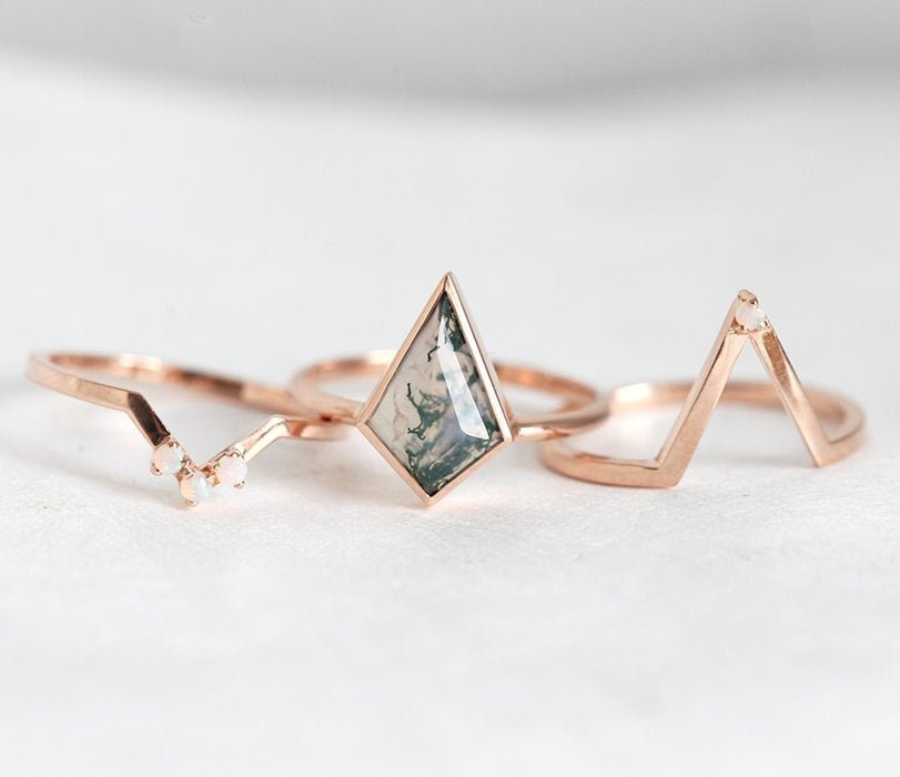 Komplet prstena Kite Moss Agate, kaiševa u stilu pasijansa