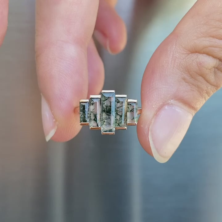 Prsten Moss Agate Baguette sa 4 kamena Moss Agate sa strane Video pregled